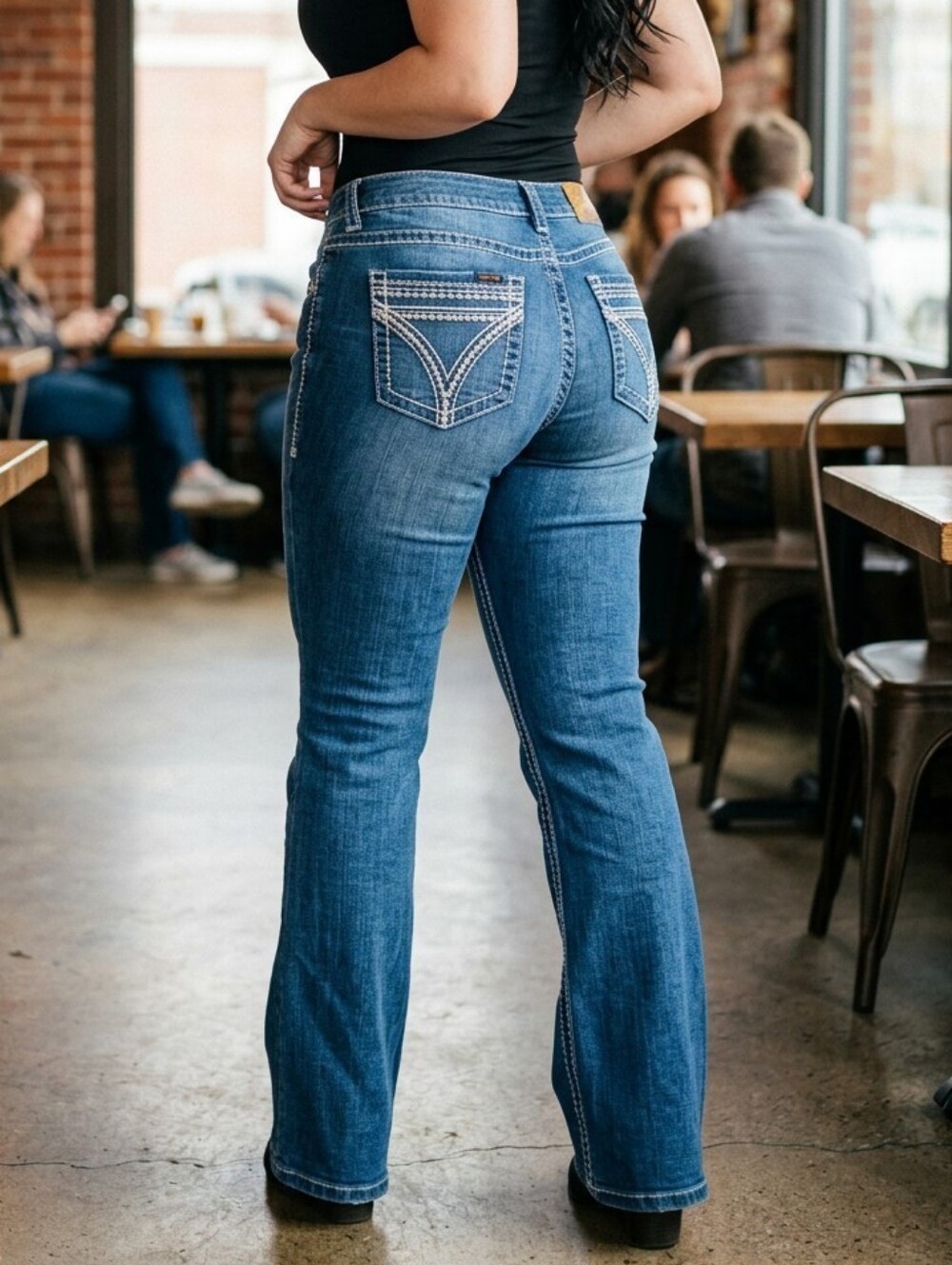SEVEN 7 Dark Blue Wide Leg Bootcut Jeans- Embroidery and Rhinestone Detail